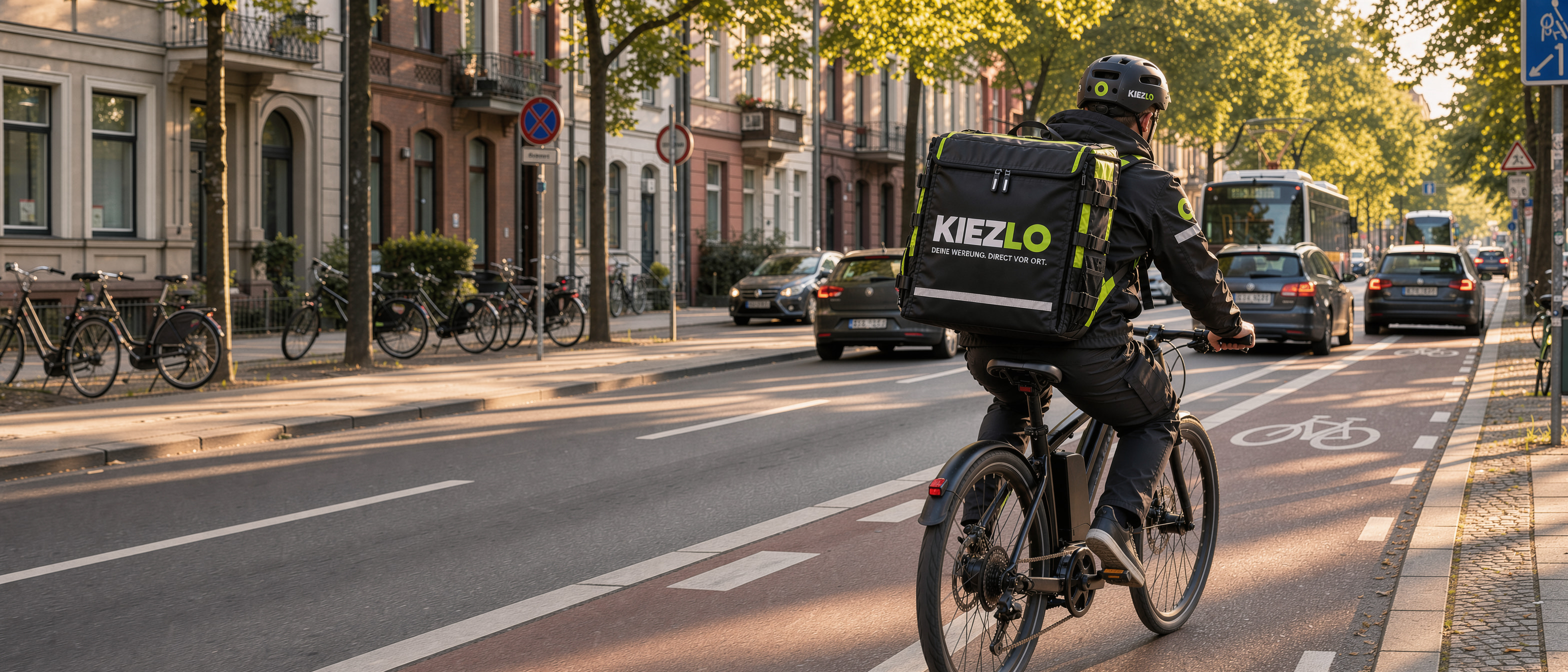 KIEZLO Kurier auf dem Fahrrad in einer Hamburger Straße